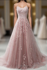 Pink Lace Applique A Line Elegant Spaghetti Straps  Semi Formal Prom Dress